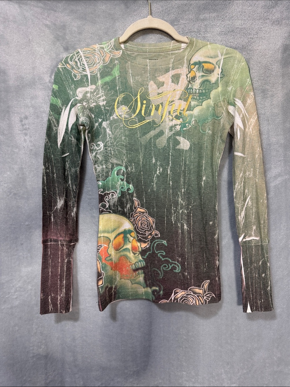 Sinful Green Ombre Skull & Rose Long Sleeve Tee